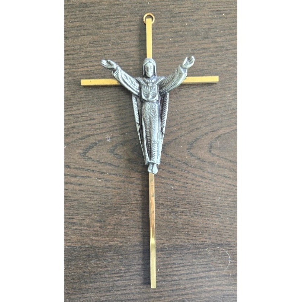Vintage Mid Century Brutalist Metalβ Crucifix Hanging Wall Cross 10"